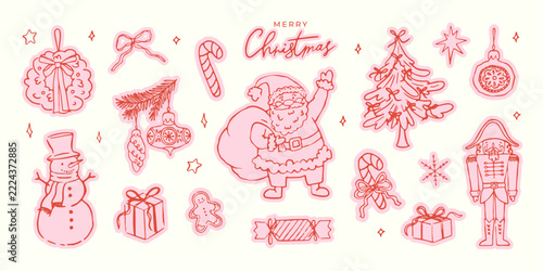 Christmas vintage sticker pack with doodle hand drawn Santa Claus, nutcracker, snowman, Christmas tree. Vector set for holiday stickers, scrapbooking, packaging and seasonal design