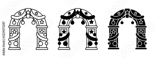 Christmas arch set with garlands and baubles, festive entry decoration
