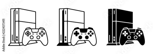 Video game console and controller set, line art and silhouette for app and web