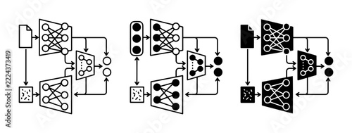 Neural network diagrams set with layers and connections for AI, machine learning and data processing