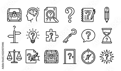 Question mark icons set with puzzle, treasure chest, light bulb, and compass for problem solving