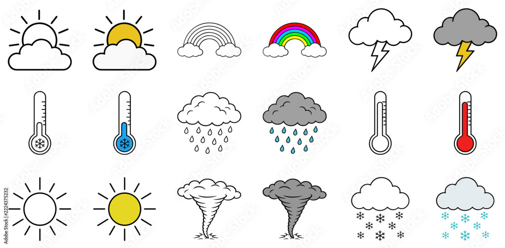 Fototapeta premium A collection of weather icons depicts various meteorological phenomena including sun, clouds, rain, rainbow, lightning, and snow, rendered in both line art and color.