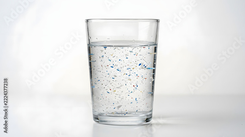 Glass of drinking water with microplastics