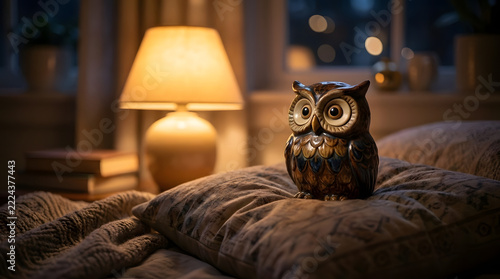 Owl figurine by glowing bedside lamp at night
