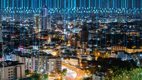 Smart city and big data futuristic monitor blue neon light and  numeral system cyber security technology