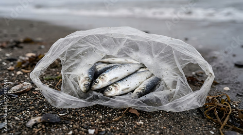 Dead Fish in Plastic Bag on Beach