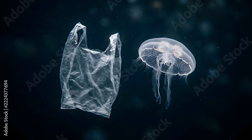 Plastic bag and jellyfish in dark ocean