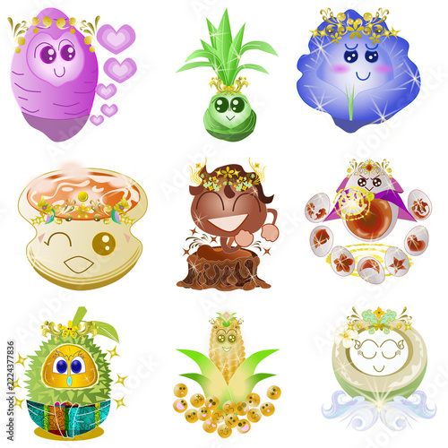 Cute Thai dessert Khanom Krok character clipart set without text. Kawaii coconut pancake mascots with different flavors for stickers and crafts.