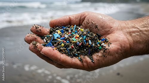 Hand holding microplastics on beach