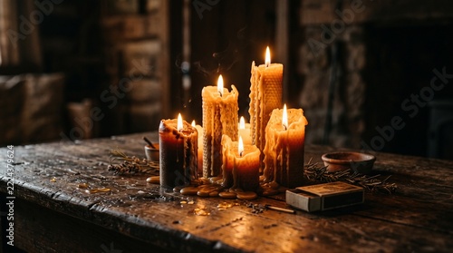 Group of rustic beeswax candles burning on a wooden table