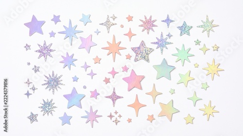 Set of holographic star stickers isolated on white background