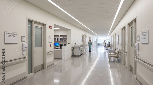 Modern hospital corridor with patient rooms and nurse station