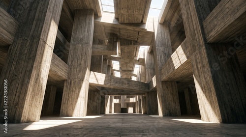 Brutalist concrete interior with geometric structure