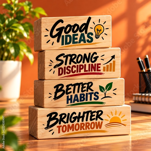 Stack of wooden blocks with motivational messages on desk
