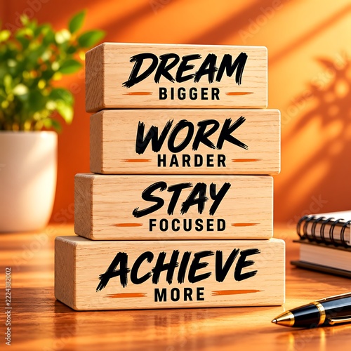 Stack of wooden blocks with motivational messages on a desk