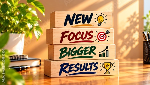 Wooden blocks stacked on a desk showing new focus bigger results concept