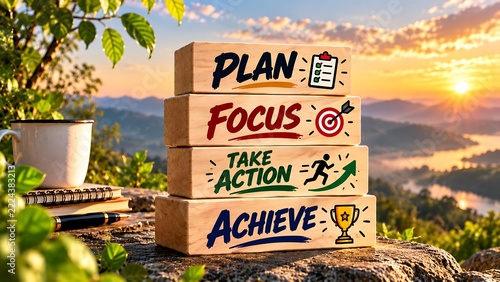 Wooden blocks stacked with motivational text about planning and achieving success outdoors