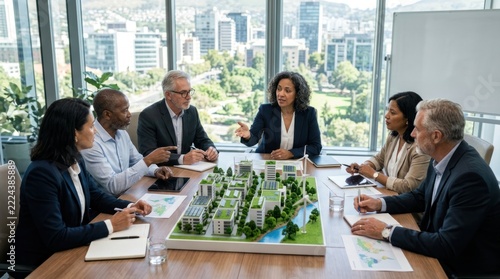 Urban Planning Meeting: A diverse group of professionals gathers around a conference table, examining a detailed miniature city model.