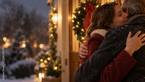 Christmas eve arrival brings joyful couple embracing beside warmly decorated doorway while snow falls over glowing winter garden