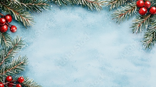 Festive winter background with pine branches and red berries on a textured blue surface, perfect for holiday greetings or seasonal designs.