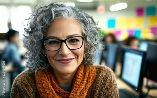 Portrait of a confident senior woman with grey curly hair and glasses