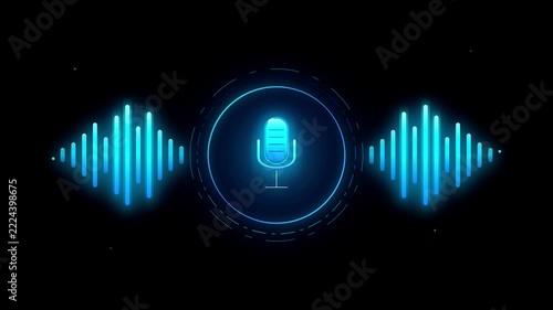 Futuristic glowing microphone icon with pulsing audio waveforms on black background