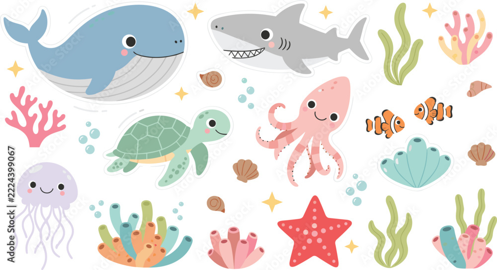 Obraz premium Cute sea animals sticker vector set featuring cartoon whale shark turtle octopus jellyfish starfish corals and ocean life