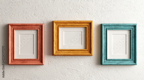 Three empty wooden picture frame with red, yellow, and blue colors hang on white textured wall, creating colorful and artistic display