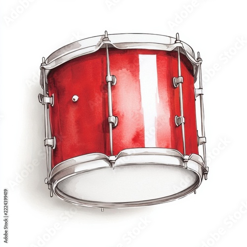 A red snare drum with chrome hardware, depicted in a detailed watercolor-style illustration.