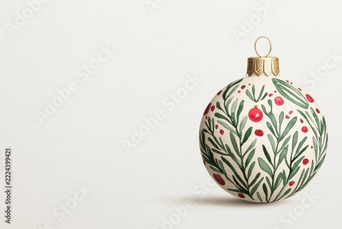 A white Christmas ornament decorated with green leaves and red berries, featuring a gold cap and hanging loop, set against a plain light background.