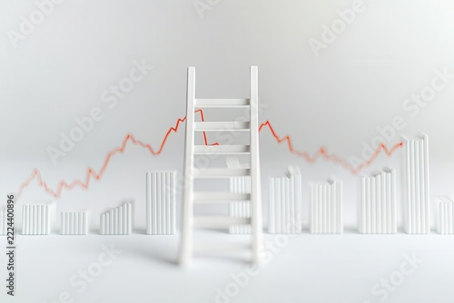 A white ladder stands before white bar charts with a fluctuating red line graph in the background, symbolizing progress and growth in data or business metrics.