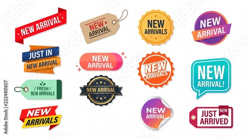Set of colorful new arrival sale tags and labels collection isolated on a white background
