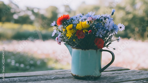 Vibrant bouquet of assorted wildflowers in a rustic blue metal