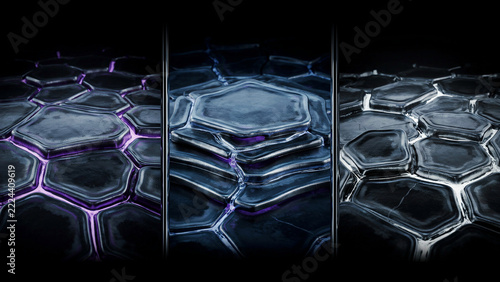 Abstract triptych featuring hexagonal metallic plates with glowing purple and white light emanating from the gaps on a dark reflective background
