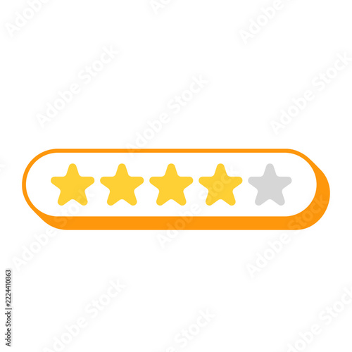 Four Star Rating Bar, flat design style, four yellow stars and one gray star in a rounded panel, ideal for product ratings