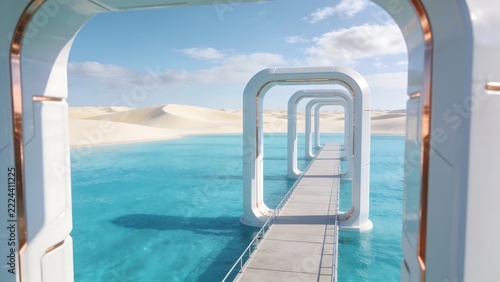 Modern arches over water and sand dunes with blue sky.