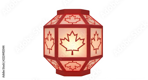 Hexagonal red lantern featuring white maple leaf cutout designs for holiday lighting.