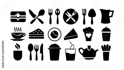 Food and restaurant service icons collection displaying various dining utensils and beverages in solid black.