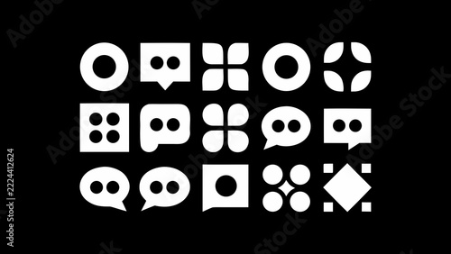 Abstract geometric icons and shapes set featuring minimalist white symbols arranged on a black background.