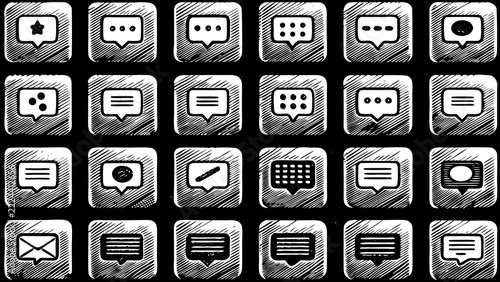 Communication icons represent various digital messaging formats within textured metallic square buttons.