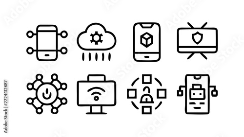 Line art icons depicting mobile technology and digital security concepts are displayed in a minimal collection.
