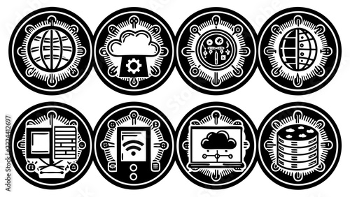 Icons representing cloud computing and network infrastructure are arranged in a grid of circular black badges.