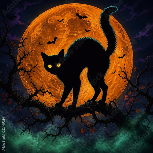 Black cat silhouette on tree branch against giant orange full moon
