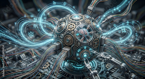 Advanced AI Core with Glowing Circuits and Fiber Optic Cable Connections