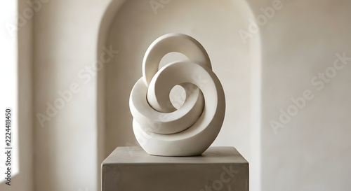 Minimalist Ceramic Knot Sculpture on Podium in Beige Interior