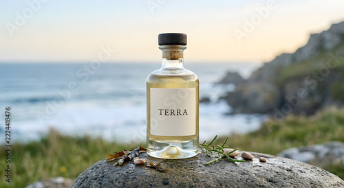 Wellness Product Bottle on Coastal Rock at Sunset with Samphire Sprigs