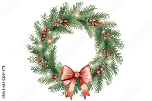 Christmas wreath with pine needles and red bow