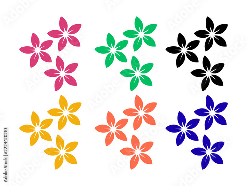 Colorful five-petal flowers arranged in groups on black background