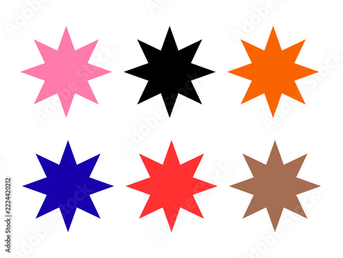 Five colorful stars in different colors arranged on black background