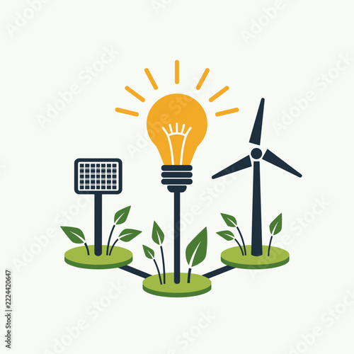 Light bulb with solar panel and wind turbine growing from green soil